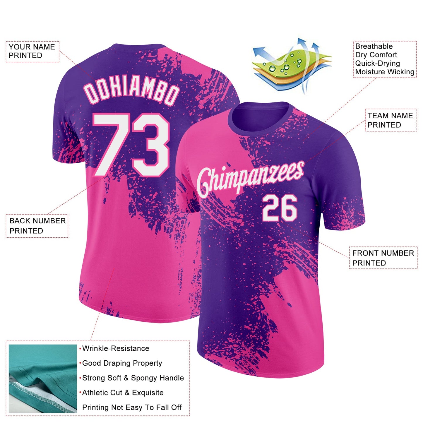 Custom Purple White-Pink 3D Pattern Design Abstract Brush Stroke Performance T-Shirt view 2