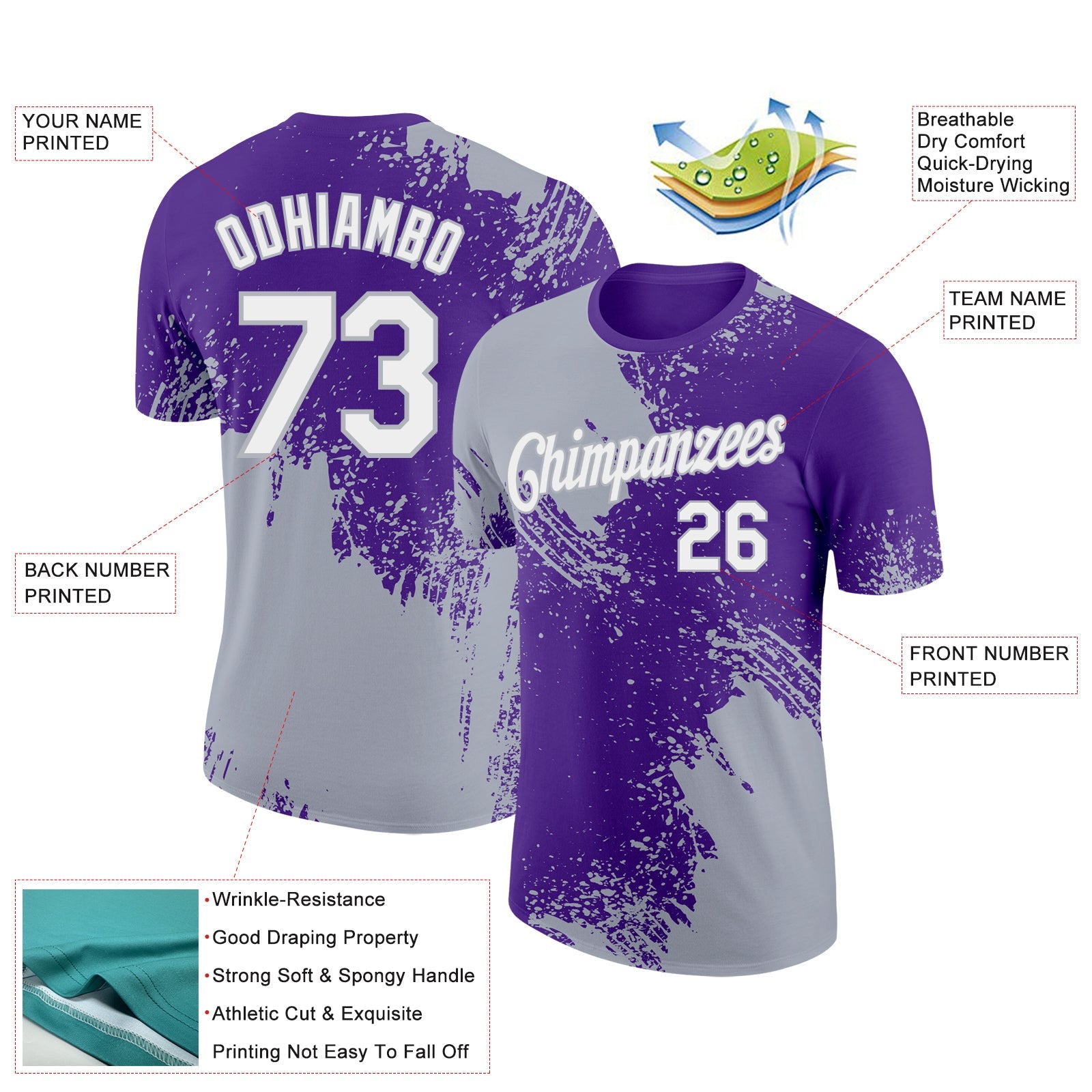Custom Purple White-Gray 3D Pattern Design Abstract Brush Stroke Performance T-Shirt view 2