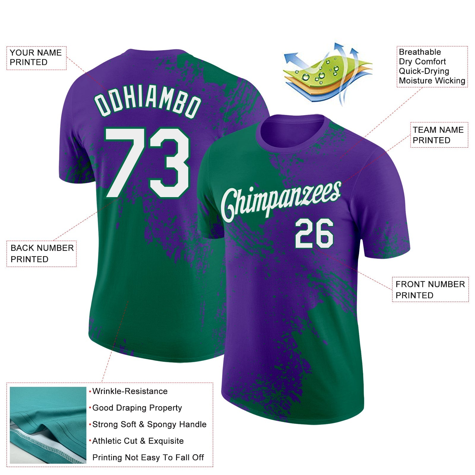 Custom Purple White-Kelly Green 3D Pattern Design Abstract Brush Stroke Performance T-Shirt view 2