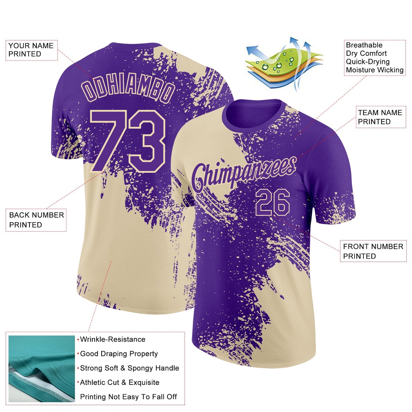 Custom Purple Cream 3D Pattern Design Abstract Brush Stroke Performance T-Shirt view 2