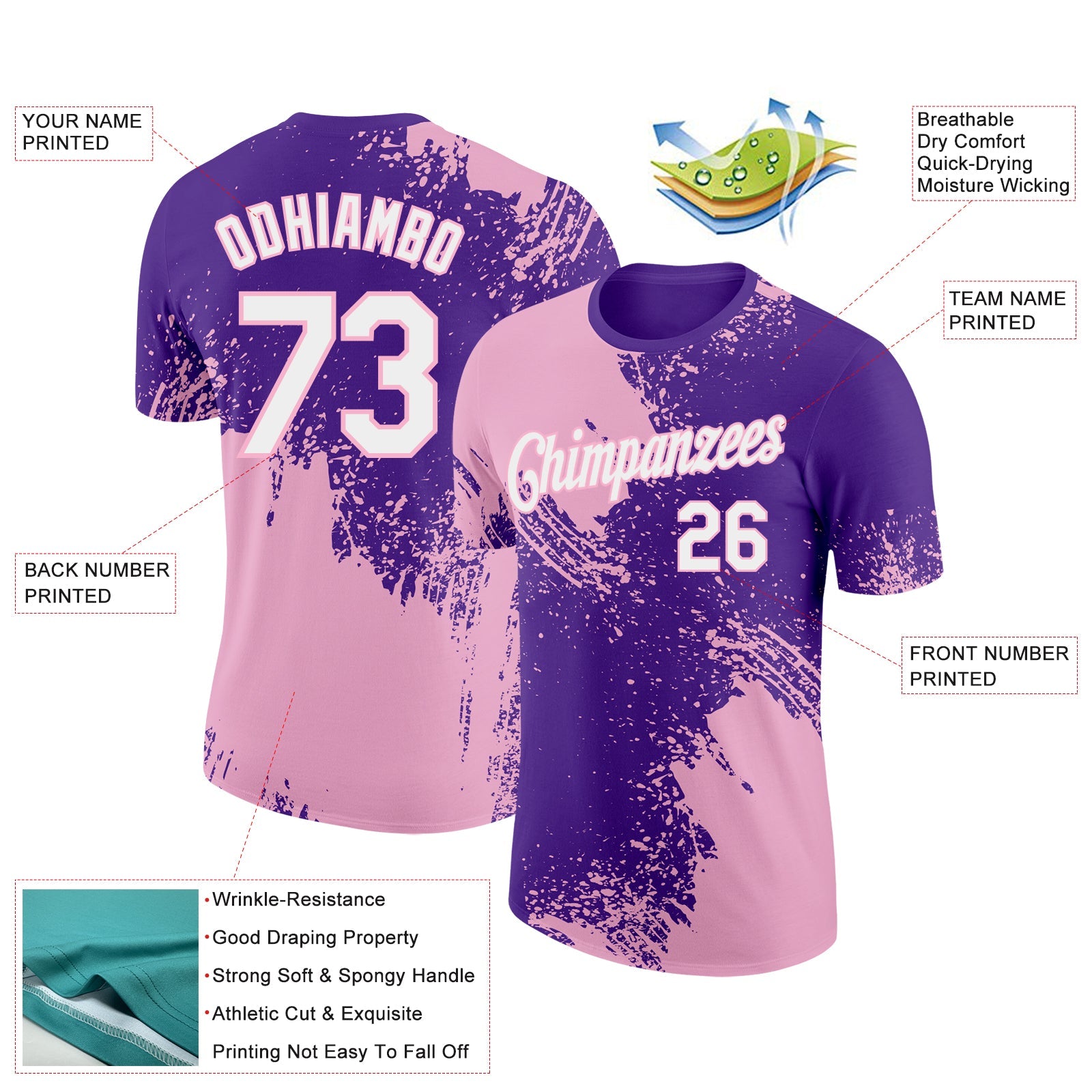 Custom Purple White-Light Pink 3D Pattern Design Abstract Brush Stroke Performance T-Shirt view 2