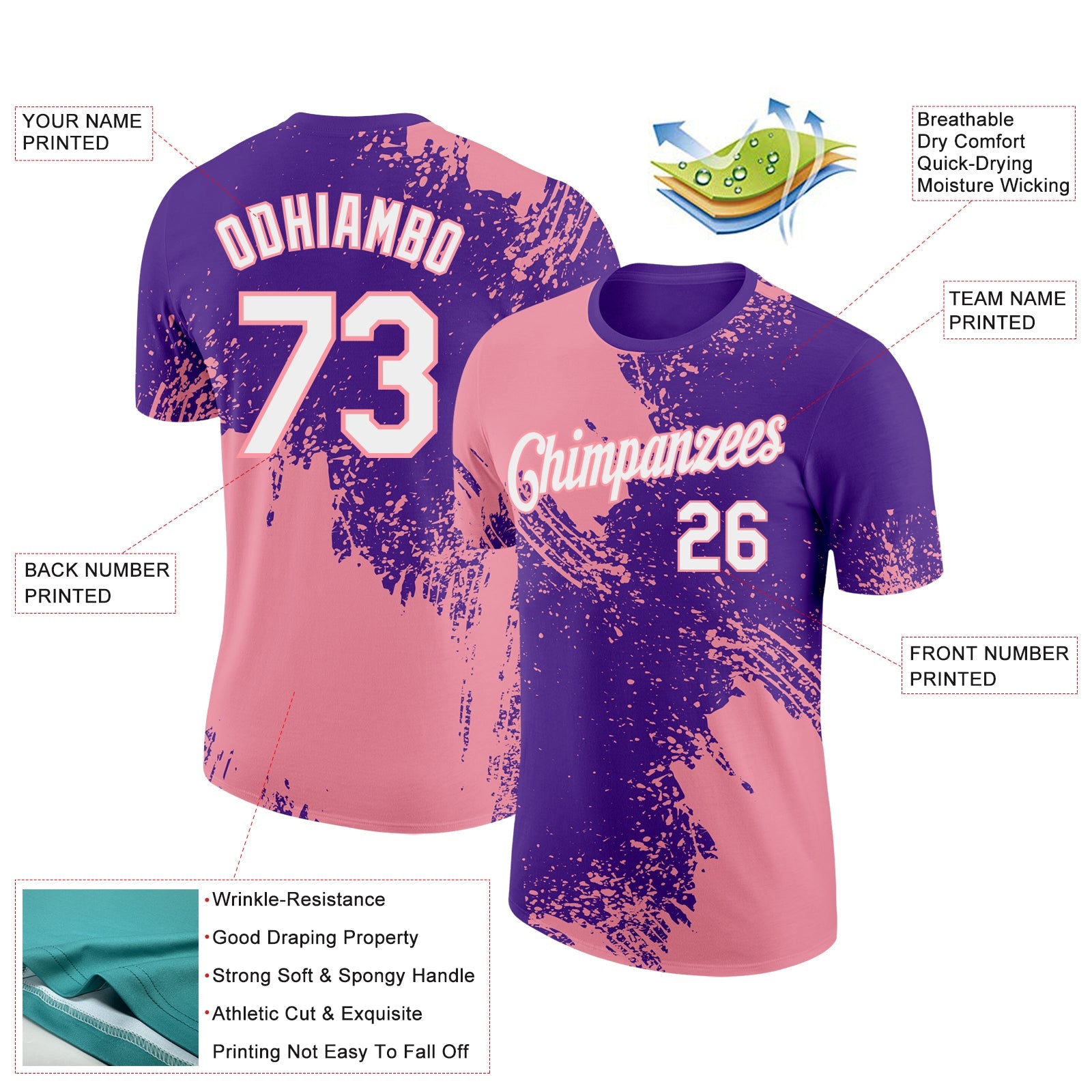 Custom Purple White-Medium Pink 3D Pattern Design Abstract Brush Stroke Performance T-Shirt view 2