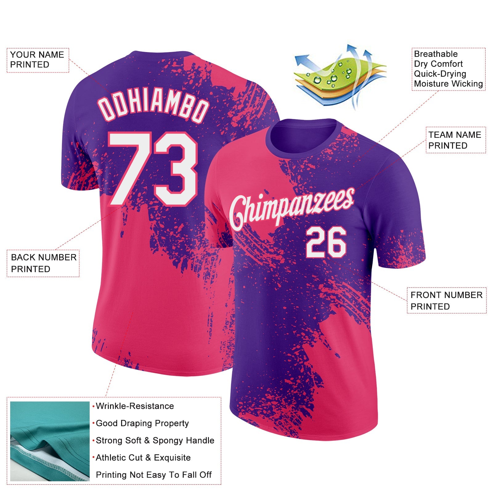 Custom Purple White-Neon Pink 3D Pattern Design Abstract Brush Stroke Performance T-Shirt view 2