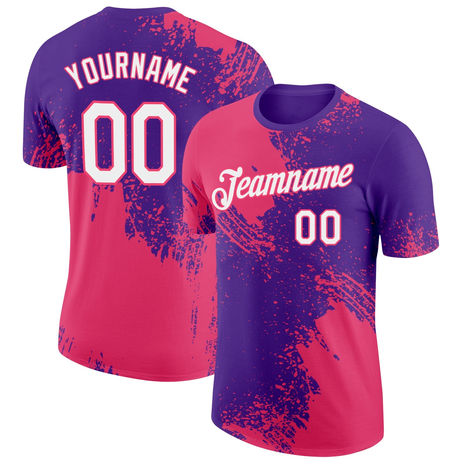 Custom Purple White-Neon Pink 3D Pattern Design Abstract Brush Stroke Performance T-Shirt - Main View