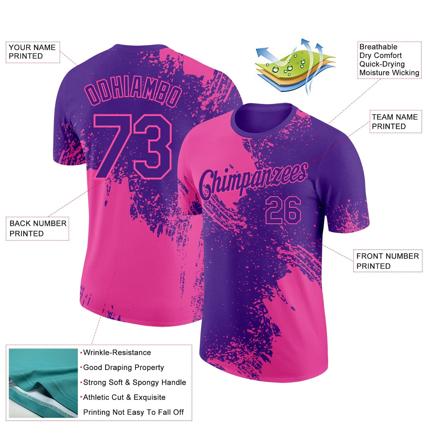 Custom Purple Pink 3D Pattern Design Abstract Brush Stroke Performance T-Shirt view 2