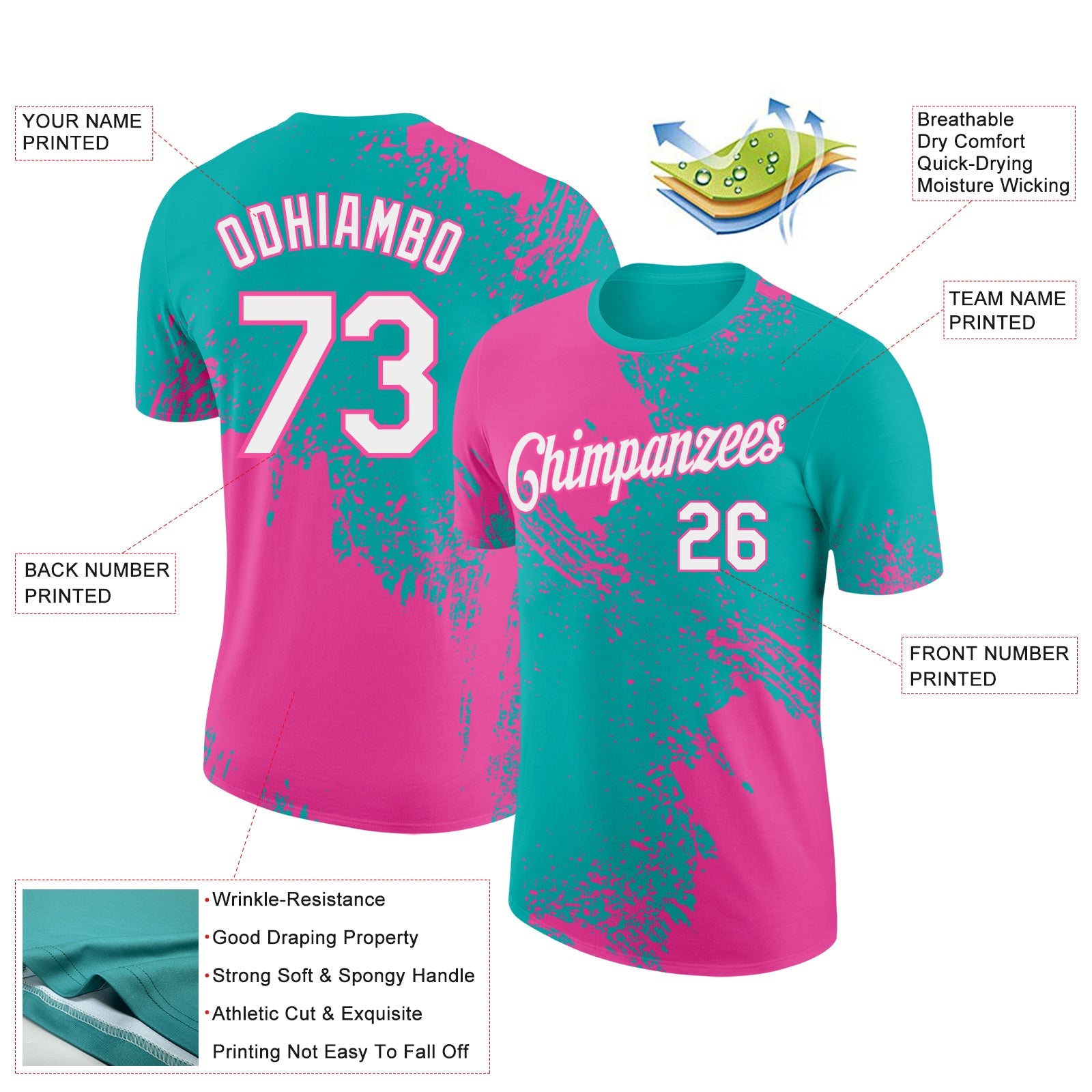 Custom Aqua White-Pink 3D Pattern Design Abstract Brush Stroke Performance T-Shirt view 2
