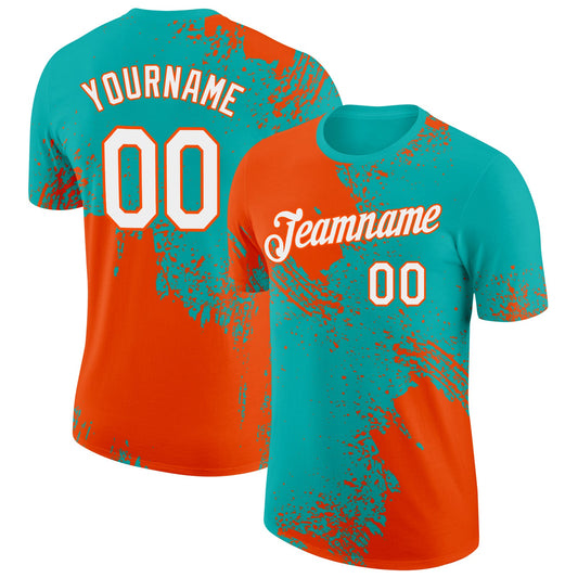 Custom Aqua White-Orange 3D Pattern Design Abstract Brush Stroke Performance T-Shirt - Main View