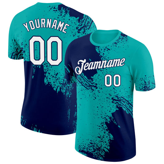 Custom Aqua White-Navy 3D Pattern Design Abstract Brush Stroke Performance T-Shirt - Main View