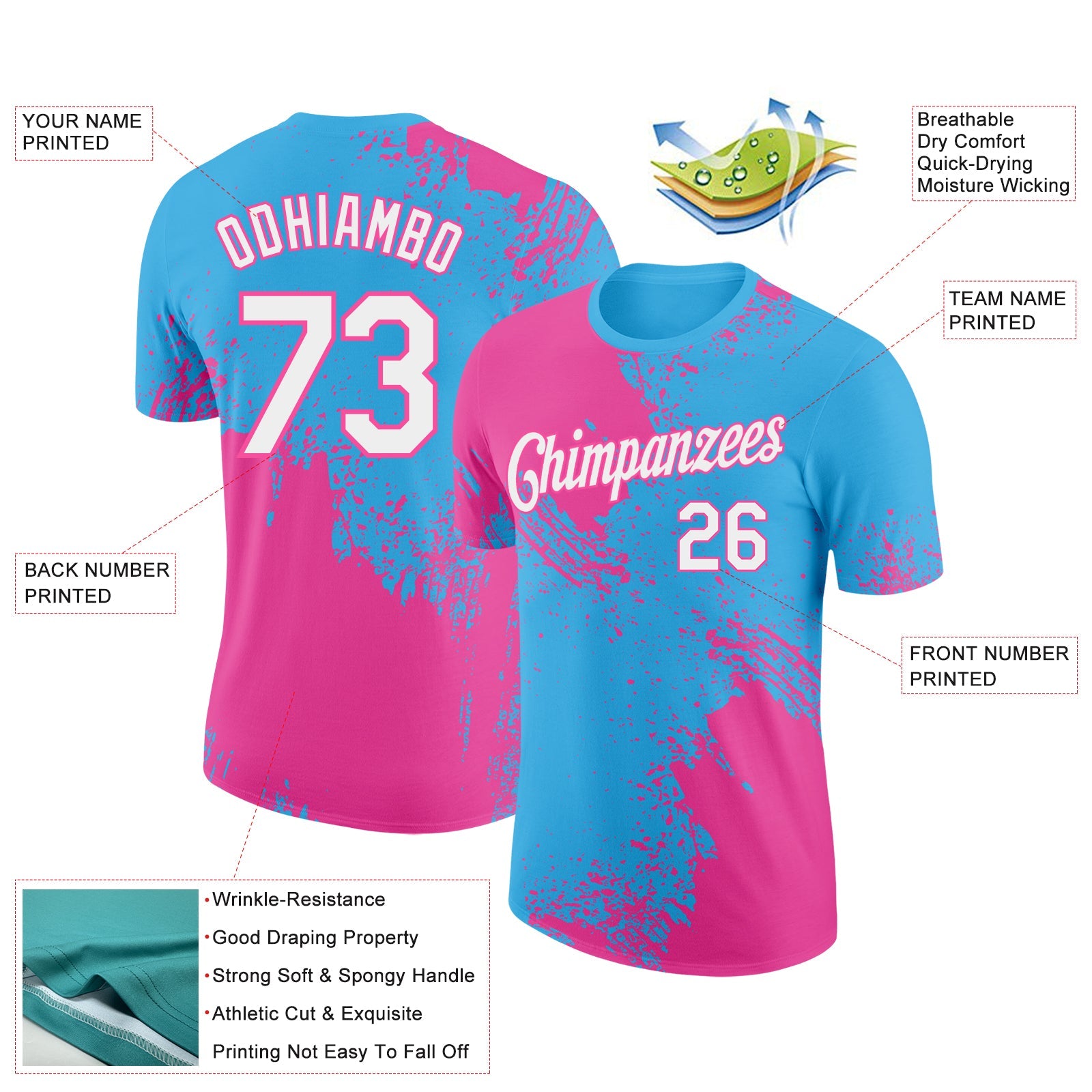 Custom Sky Blue White-Pink 3D Pattern Design Abstract Brush Stroke Performance T-Shirt view 2