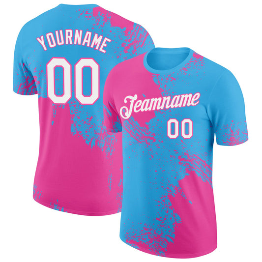 Custom Sky Blue White-Pink 3D Pattern Design Abstract Brush Stroke Performance T-Shirt - Main View