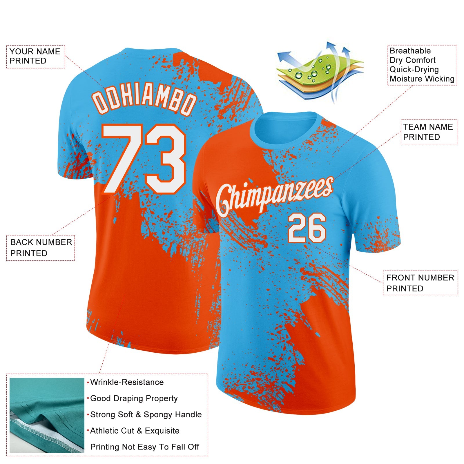Custom Sky Blue White-Orange 3D Pattern Design Abstract Brush Stroke Performance T-Shirt view 2
