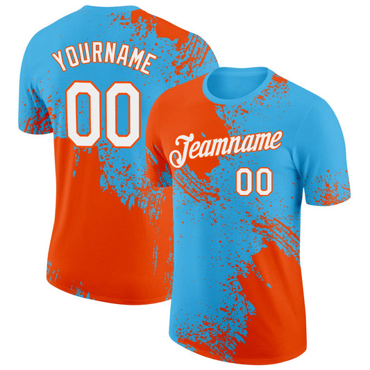 Custom Sky Blue White-Orange 3D Pattern Design Abstract Brush Stroke Performance T-Shirt - Main View