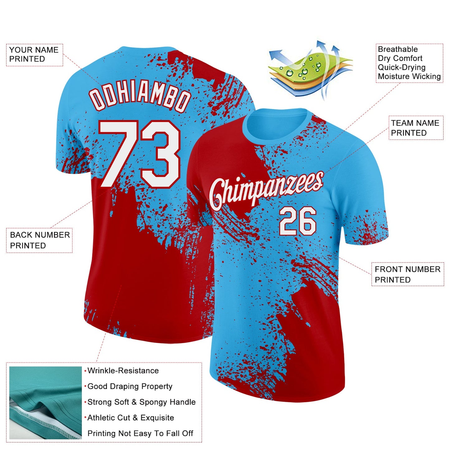 Custom Sky Blue White-Red 3D Pattern Design Abstract Brush Stroke Performance T-Shirt view 2