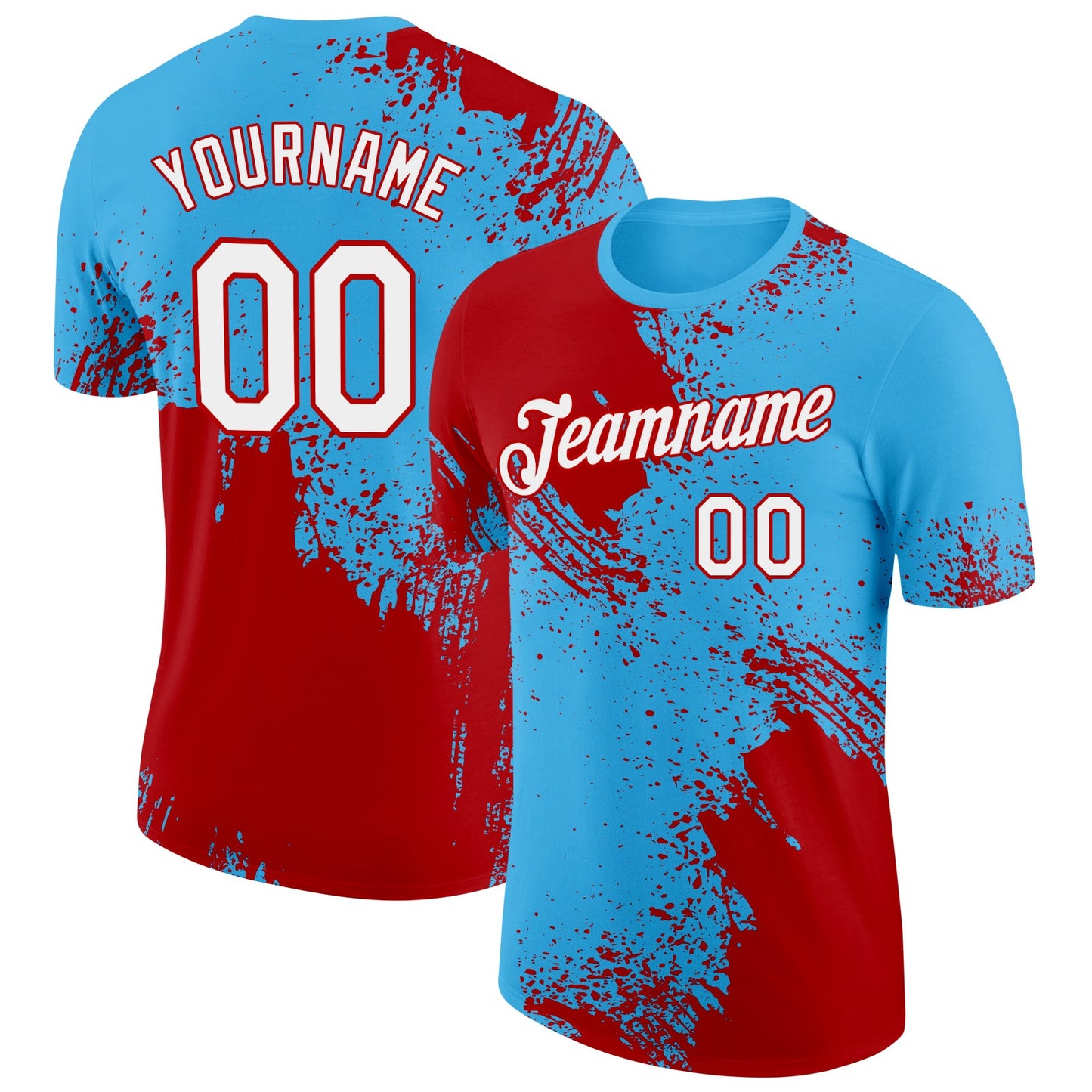 Custom Sky Blue White-Red 3D Pattern Design Abstract Brush Stroke Performance T-Shirt - Main View