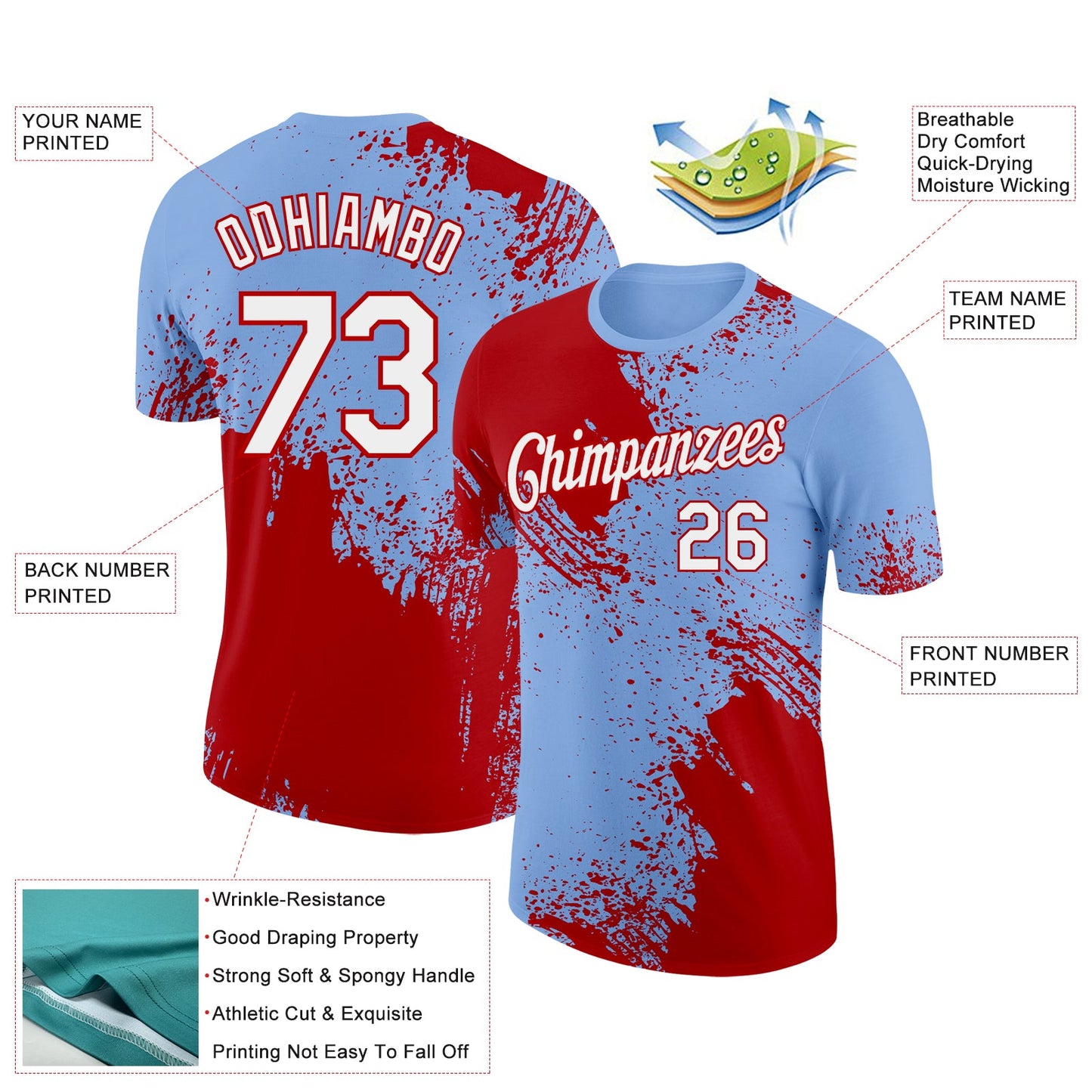 Custom Light Blue White-Red 3D Pattern Design Abstract Brush Stroke Performance T-Shirt view 2