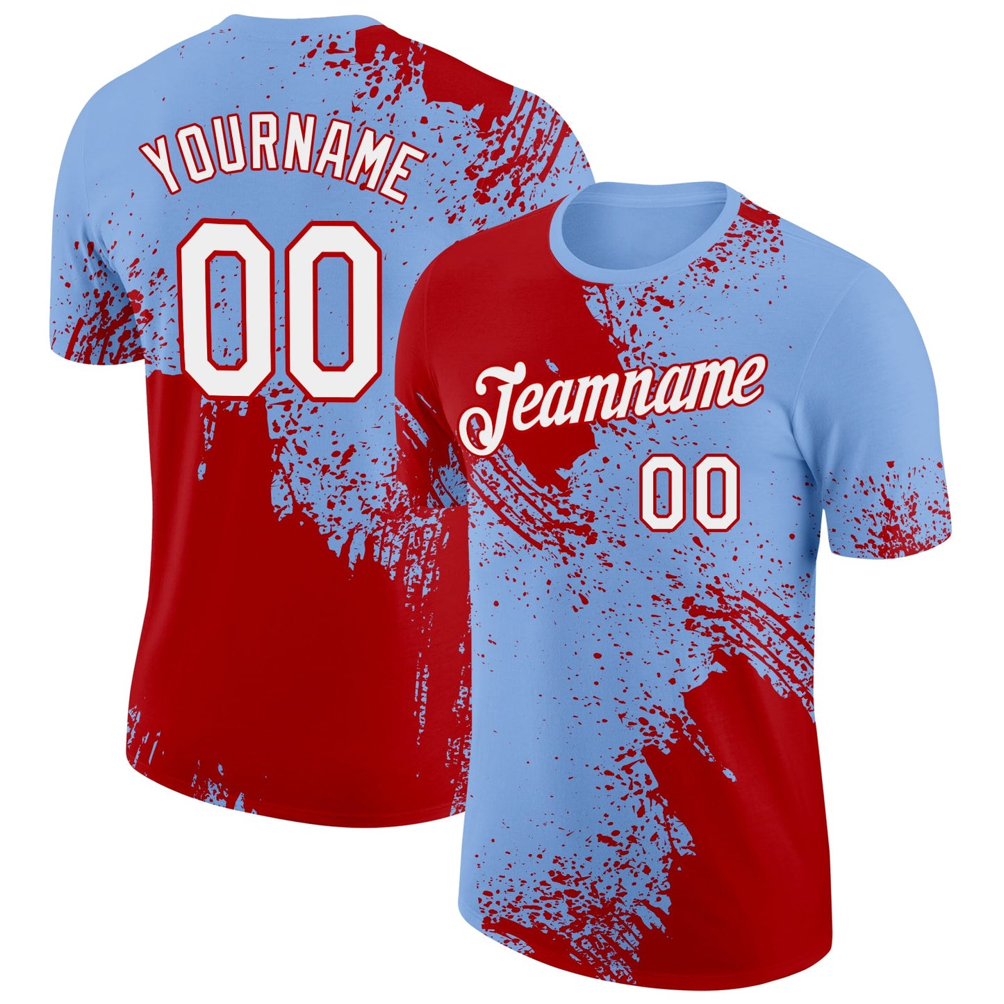 Custom Light Blue White-Red 3D Pattern Design Abstract Brush Stroke Performance T-Shirt - Main View