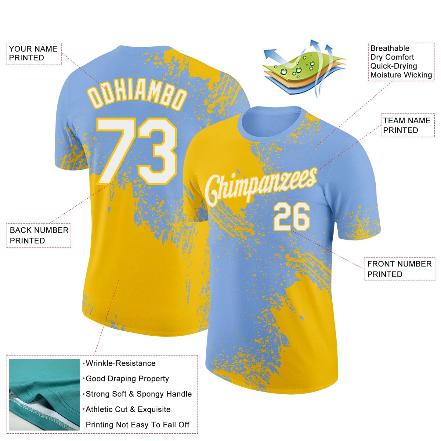 Custom Light Blue White-Yellow 3D Pattern Design Abstract Brush Stroke Performance T-Shirt view 2