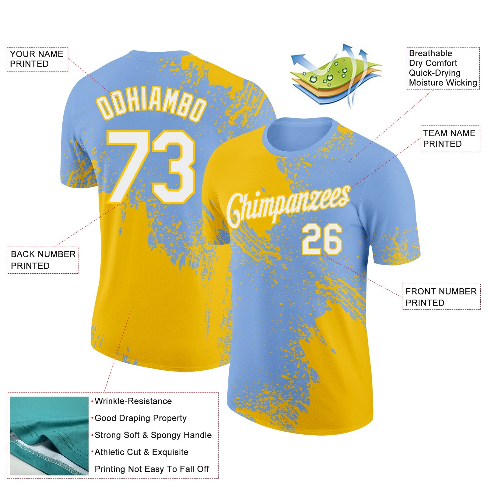 Custom Light Blue White-Yellow 3D Pattern Design Abstract Brush Stroke Performance T-Shirt view 2