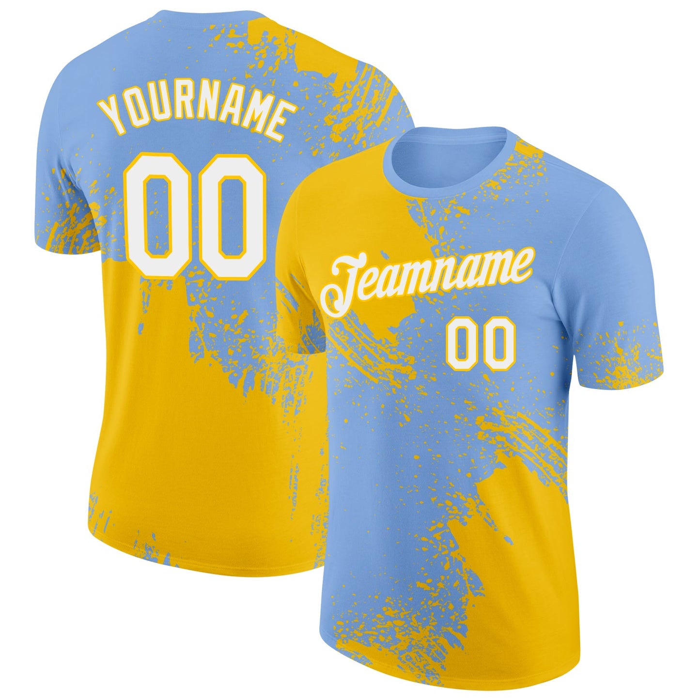 Custom Light Blue White-Yellow 3D Pattern Design Abstract Brush Stroke Performance T-Shirt - Main View