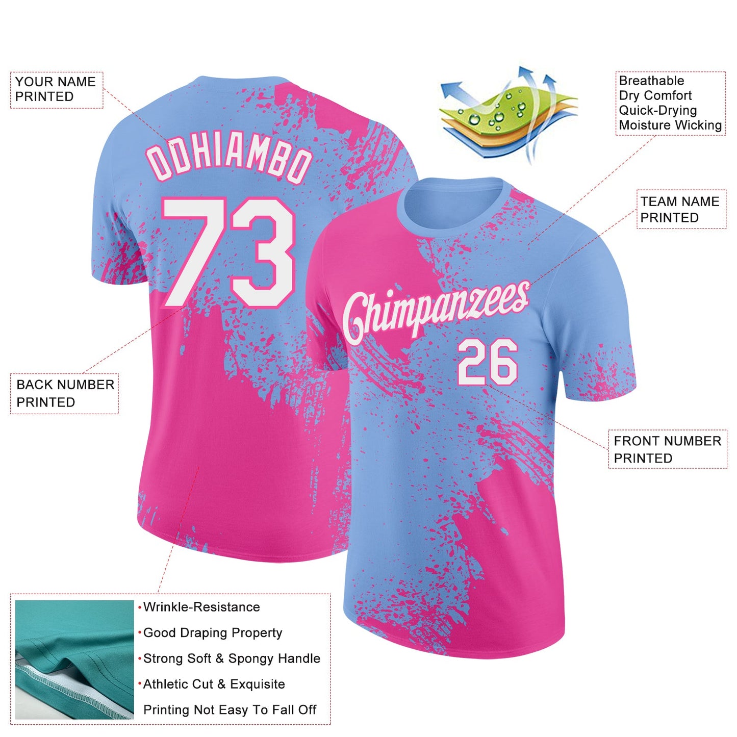 Custom Light Blue White-Pink 3D Pattern Design Abstract Brush Stroke Performance T-Shirt view 2