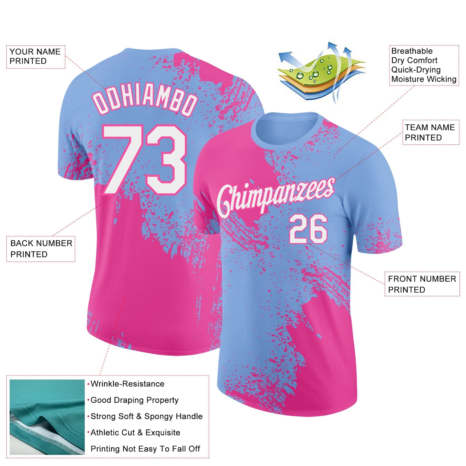 Custom Light Blue White-Pink 3D Pattern Design Abstract Brush Stroke Performance T-Shirt view 2