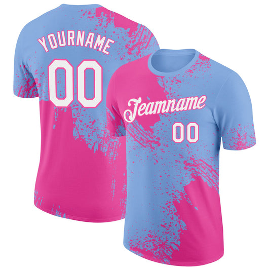 Custom Light Blue White-Pink 3D Pattern Design Abstract Brush Stroke Performance T-Shirt - Main View