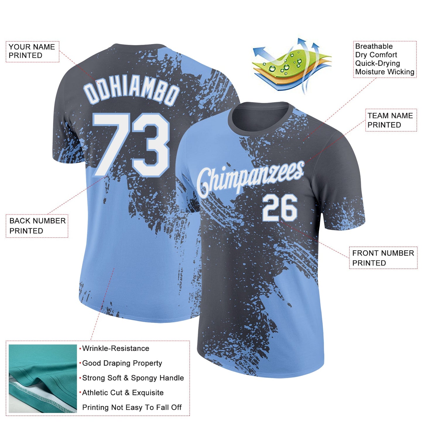Custom Steel Gray White-Light Blue 3D Pattern Design Abstract Brush Stroke Performance T-Shirt view 2