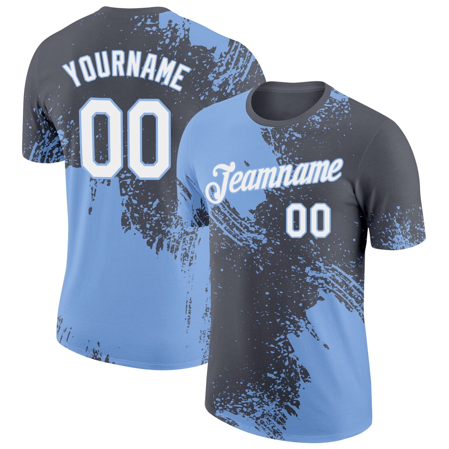 Custom Steel Gray White-Light Blue 3D Pattern Design Abstract Brush Stroke Performance T-Shirt - Main View