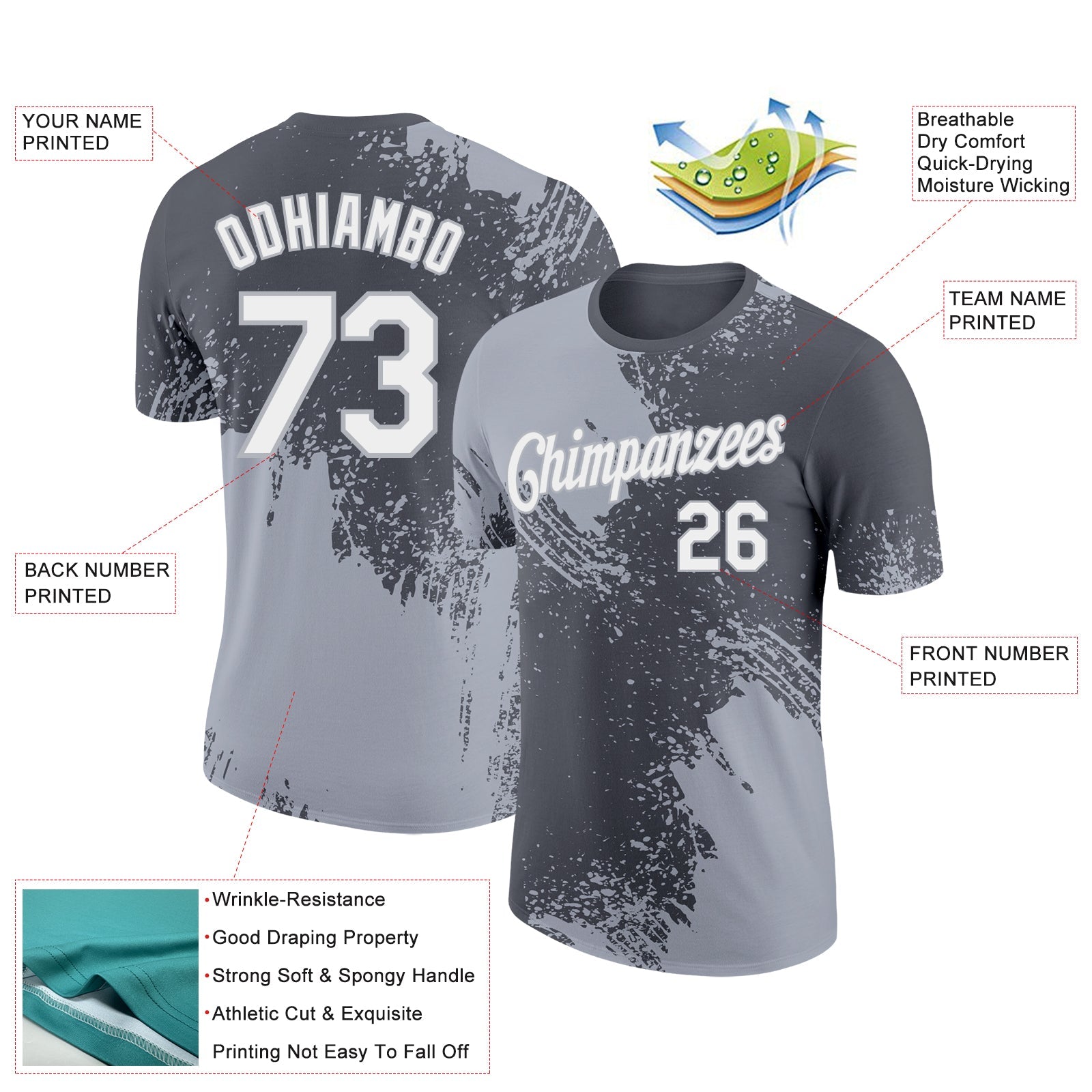 Custom Steel Gray White-Gray 3D Pattern Design Abstract Brush Stroke Performance T-Shirt view 2