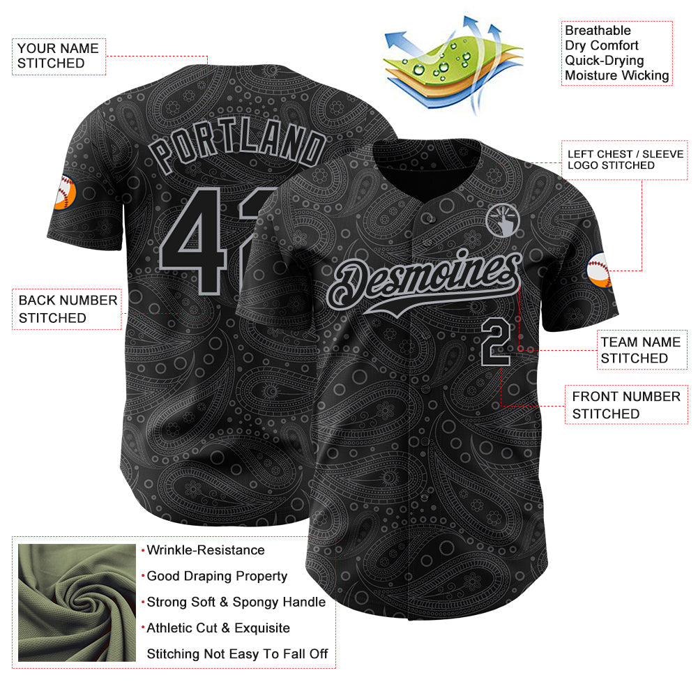 Custom Black Gray Rave Party Ethnic Paisley Bandana Authentic Baseball Jersey view 3