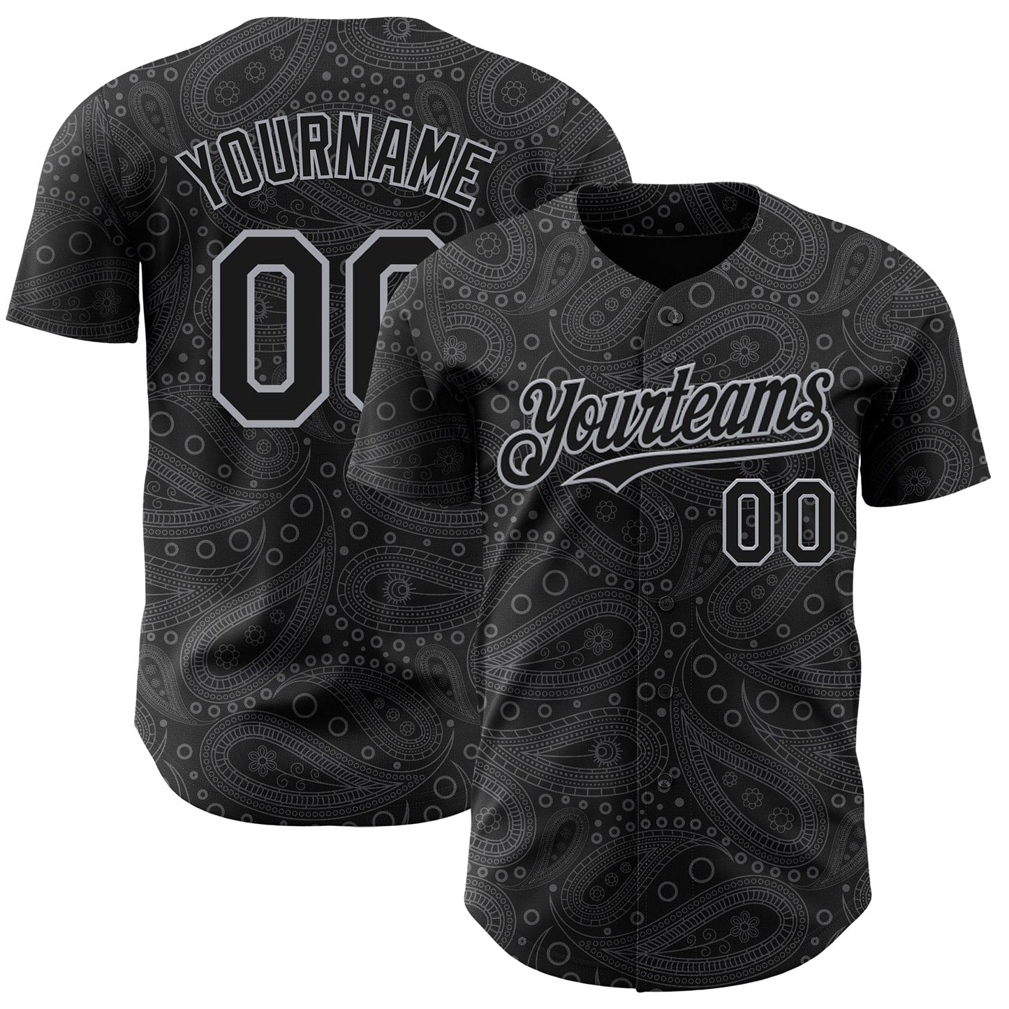 Custom Black Gray Rave Party Ethnic Paisley Bandana Authentic Baseball Jersey - Main View