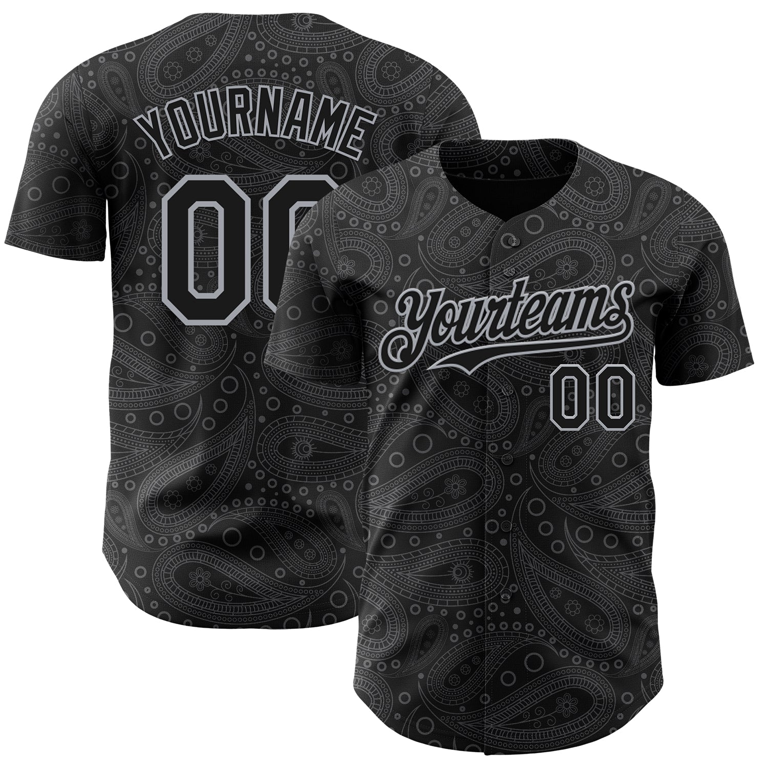 Custom Black Gray Rave Party Ethnic Paisley Bandana Authentic Baseball Jersey - Main View
