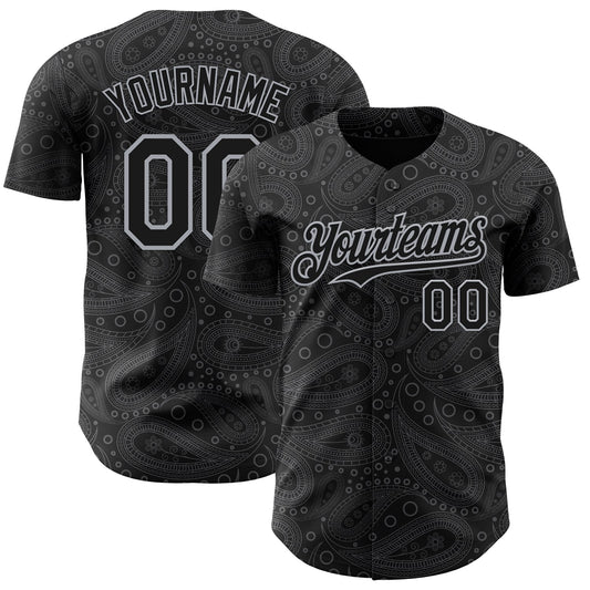 Custom Black Gray Rave Party Ethnic Paisley Bandana Authentic Baseball Jersey - Main View