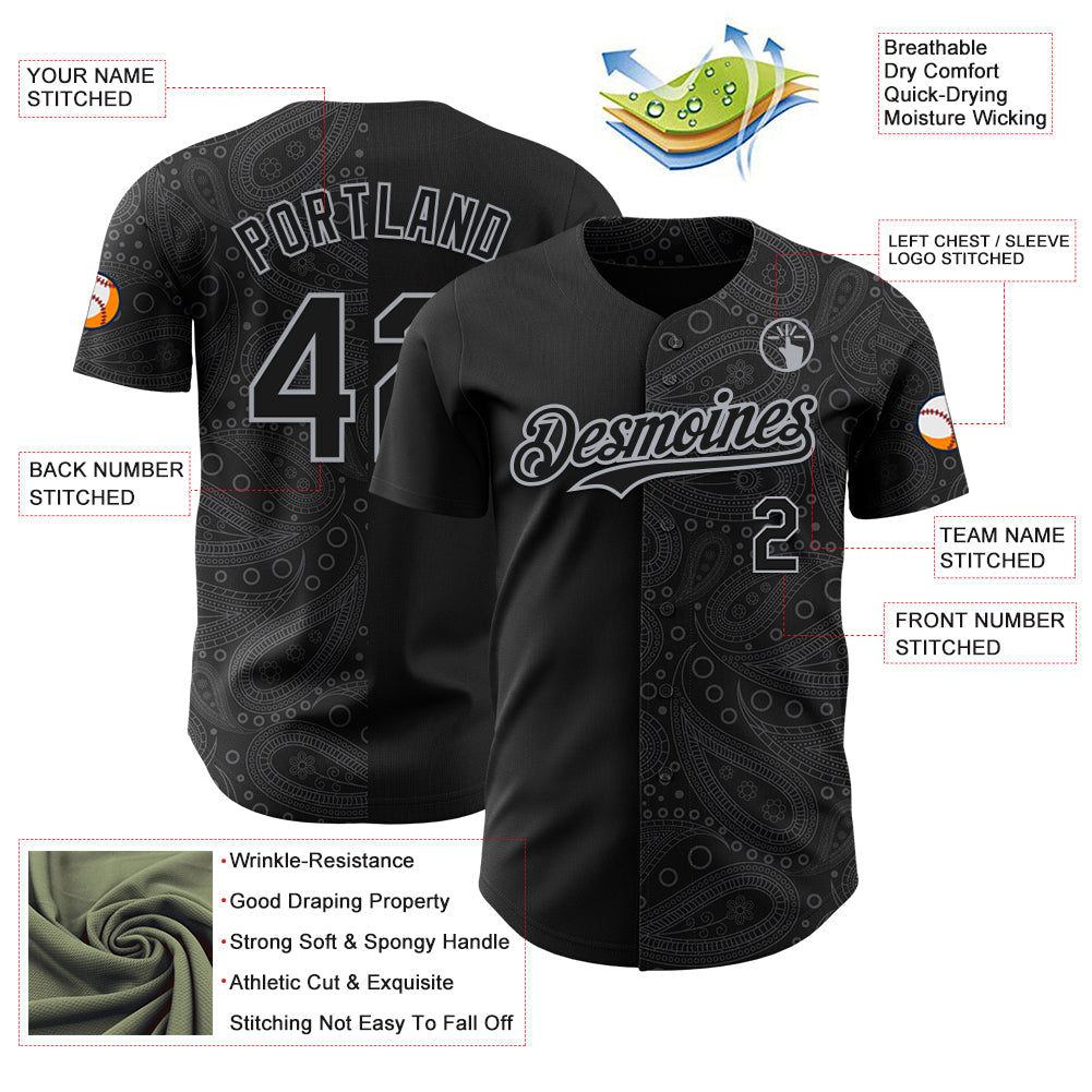 Custom Black Gray Rave Party Ethnic Paisley Bandana Authentic Baseball Jersey view 3