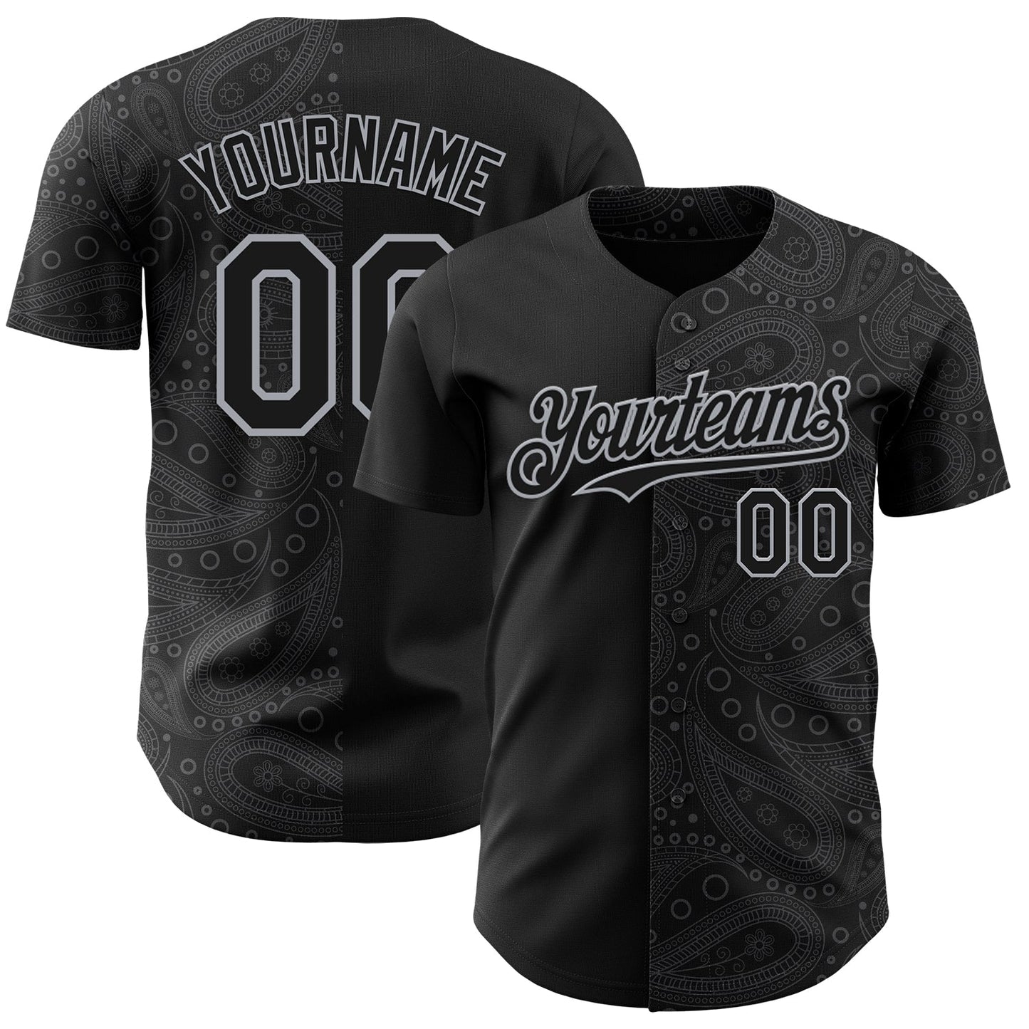 Custom Black Gray Rave Party Ethnic Paisley Bandana Authentic Baseball Jersey - Main View