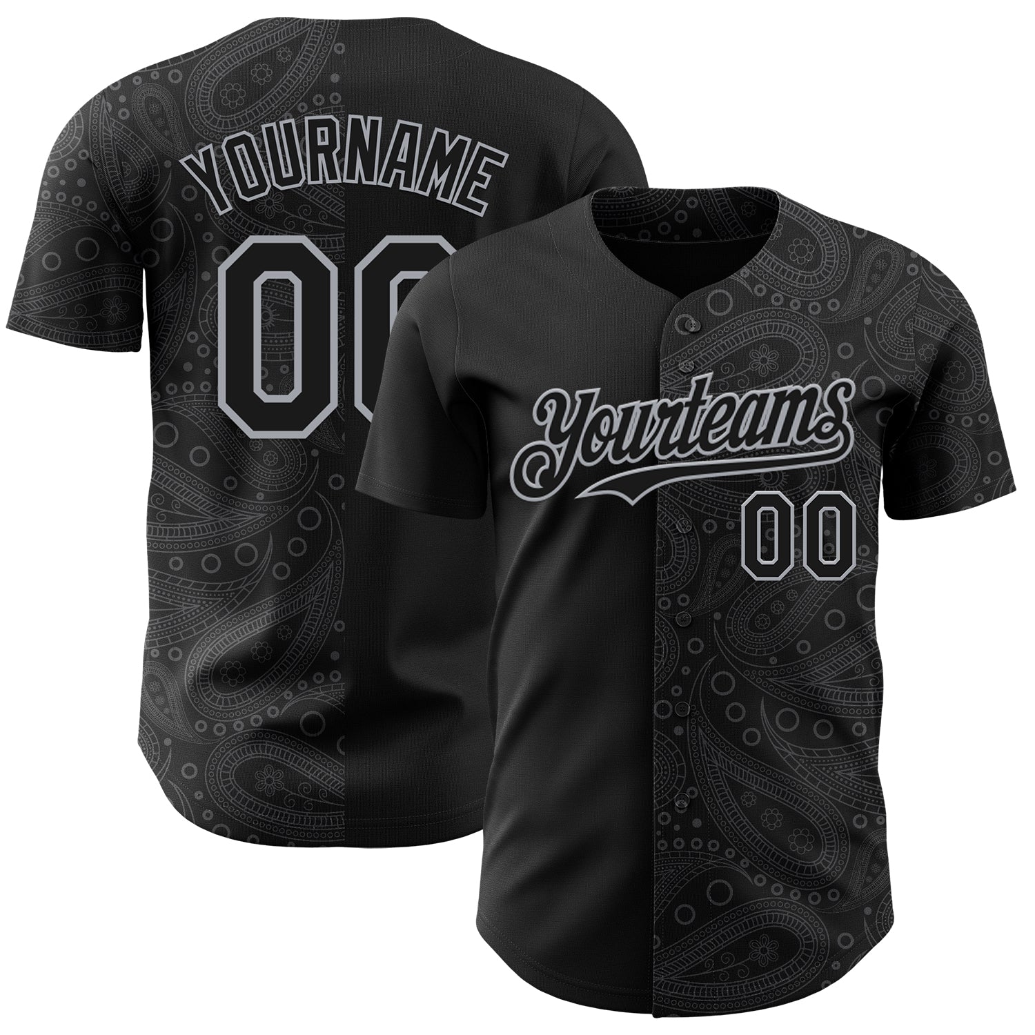 Custom Black Gray Rave Party Ethnic Paisley Bandana Authentic Baseball Jersey - Main View