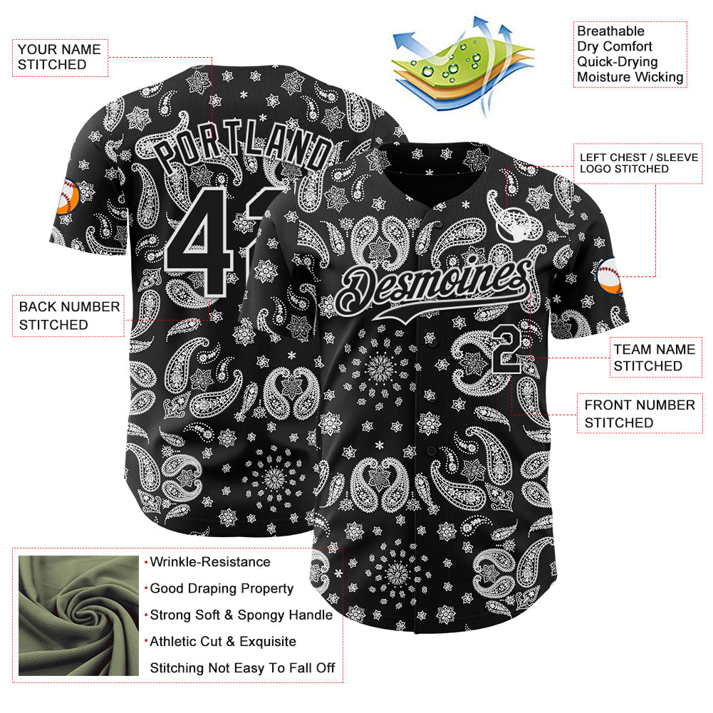 Custom Black White Rave Party Ethnic Paisley Bandana Authentic Baseball Jersey view 3