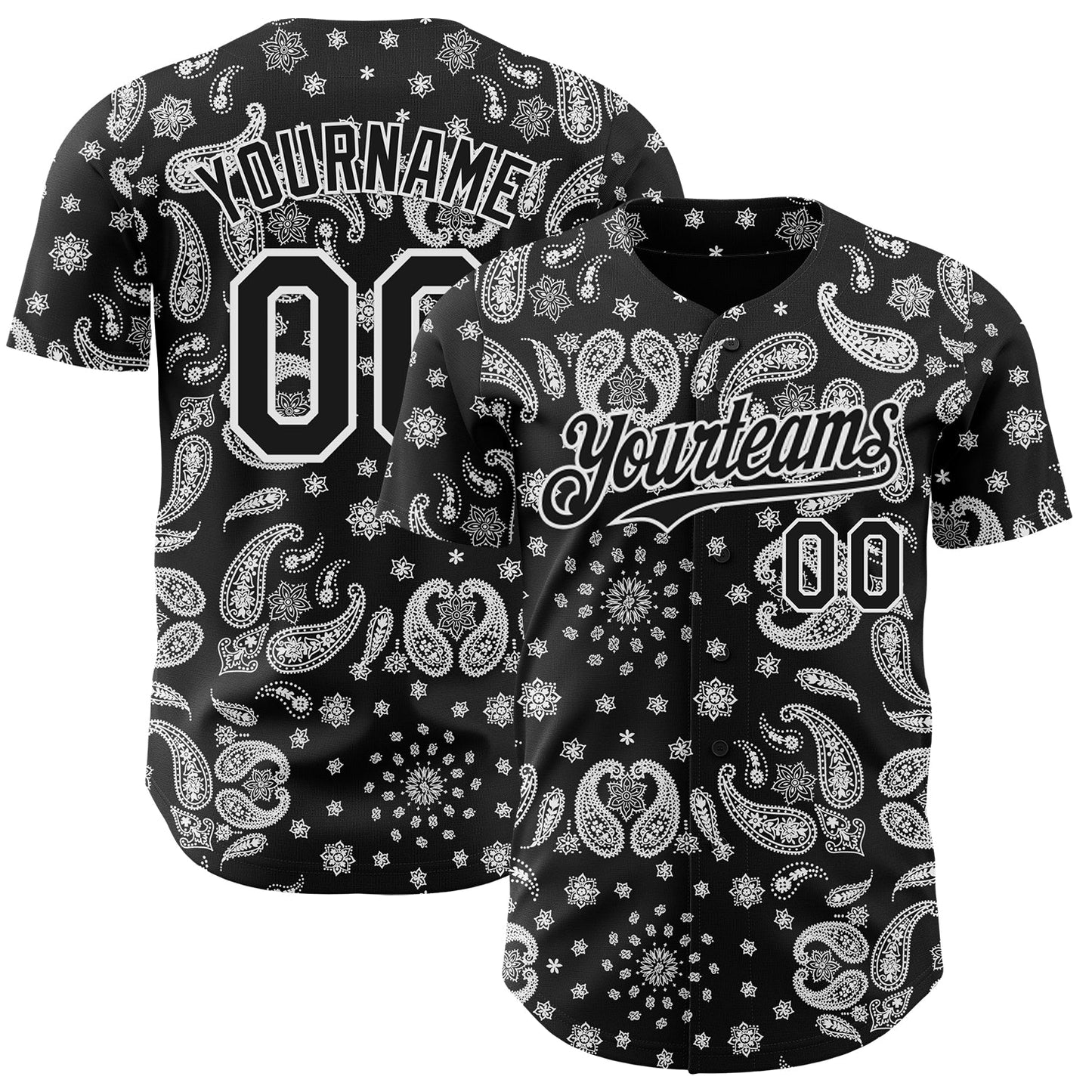 Custom Black White Rave Party Ethnic Paisley Bandana Authentic Baseball Jersey - Main View