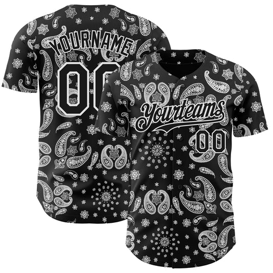 Custom Black White Rave Party Ethnic Paisley Bandana Authentic Baseball Jersey - Main View