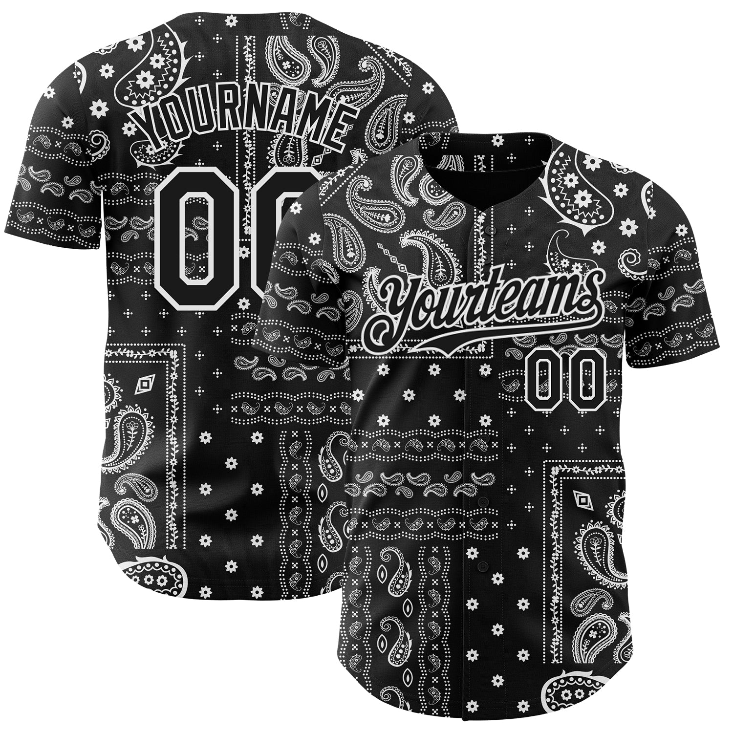 Custom Black White Rave Party Ethnic Paisley Bandana Authentic Baseball Jersey - Main View