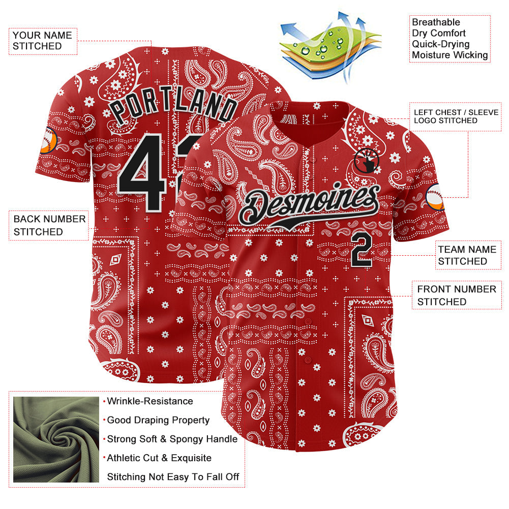 Custom Red Black-White Rave Party Ethnic Paisley Bandana Authentic Baseball Jersey view 3