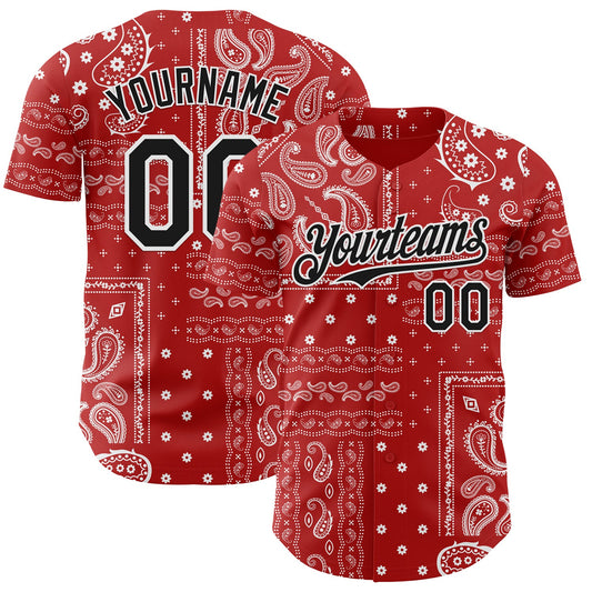 Custom Red Black-White Rave Party Ethnic Paisley Bandana Authentic Baseball Jersey - Main View