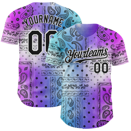 Custom Purple Black Blue-White Gradient Rave Party Ethnic Paisley Bandana Authentic Baseball Jersey - Main View