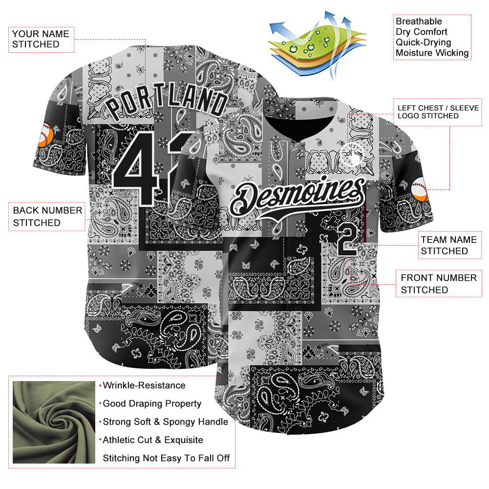 Custom Black Gray-White Rave Party Ethnic Paisley Bandana Authentic Baseball Jersey view 3