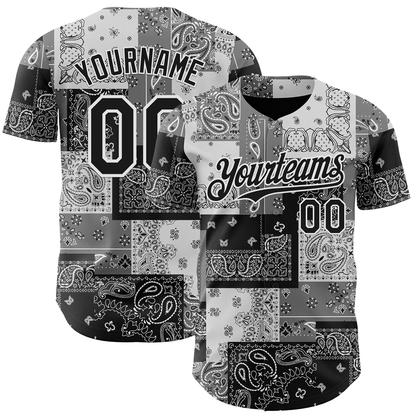 Custom Black Gray-White Rave Party Ethnic Paisley Bandana Authentic Baseball Jersey - Main View