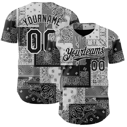 Custom Black Gray-White Rave Party Ethnic Paisley Bandana Authentic Baseball Jersey - Main View