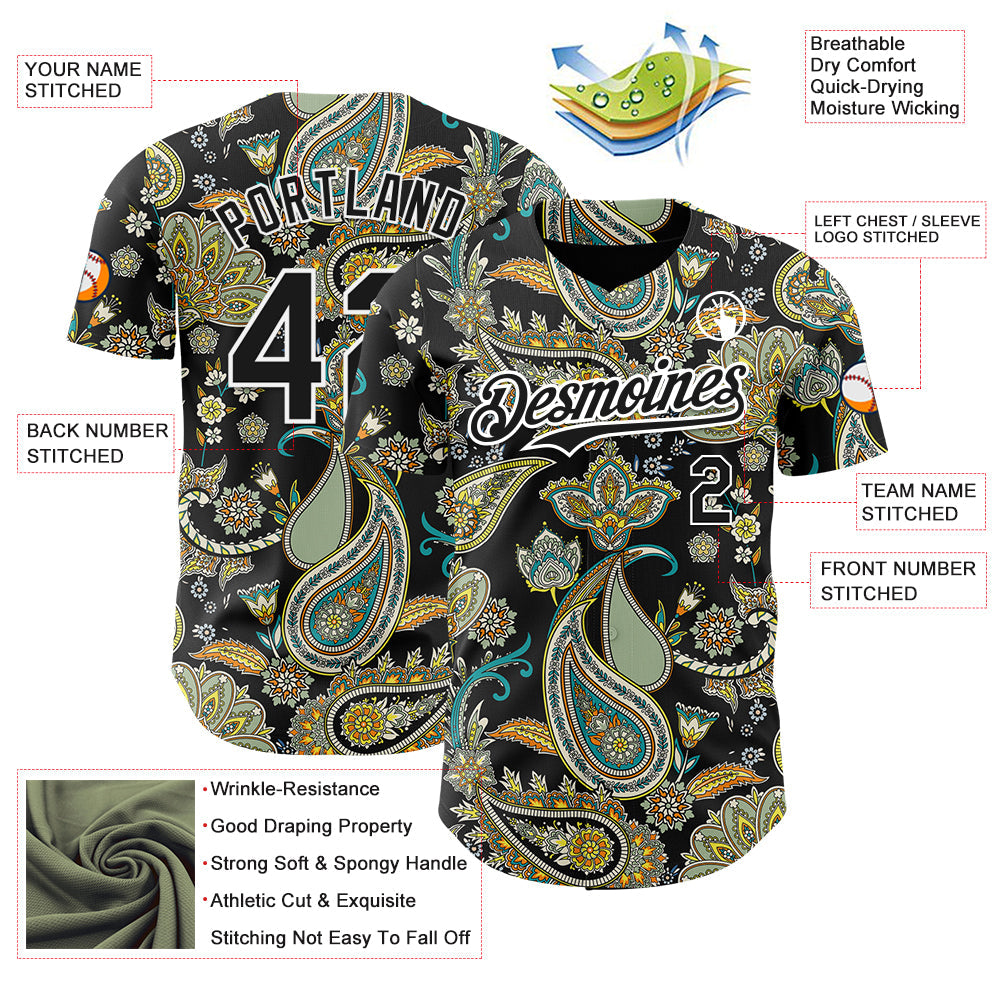 Custom Black White Rave Party Ethnic Paisley Bandana Authentic Baseball Jersey view 3