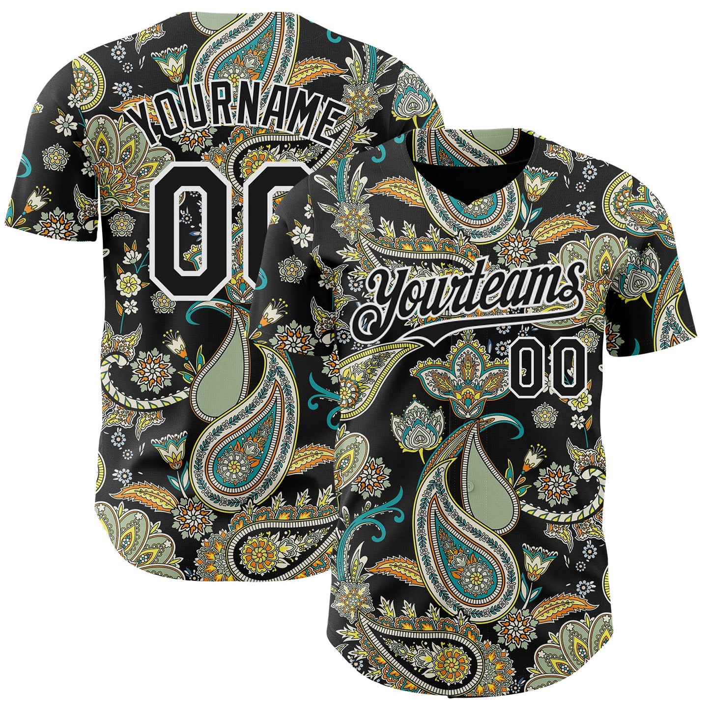 Custom Black White Rave Party Ethnic Paisley Bandana Authentic Baseball Jersey - Main View