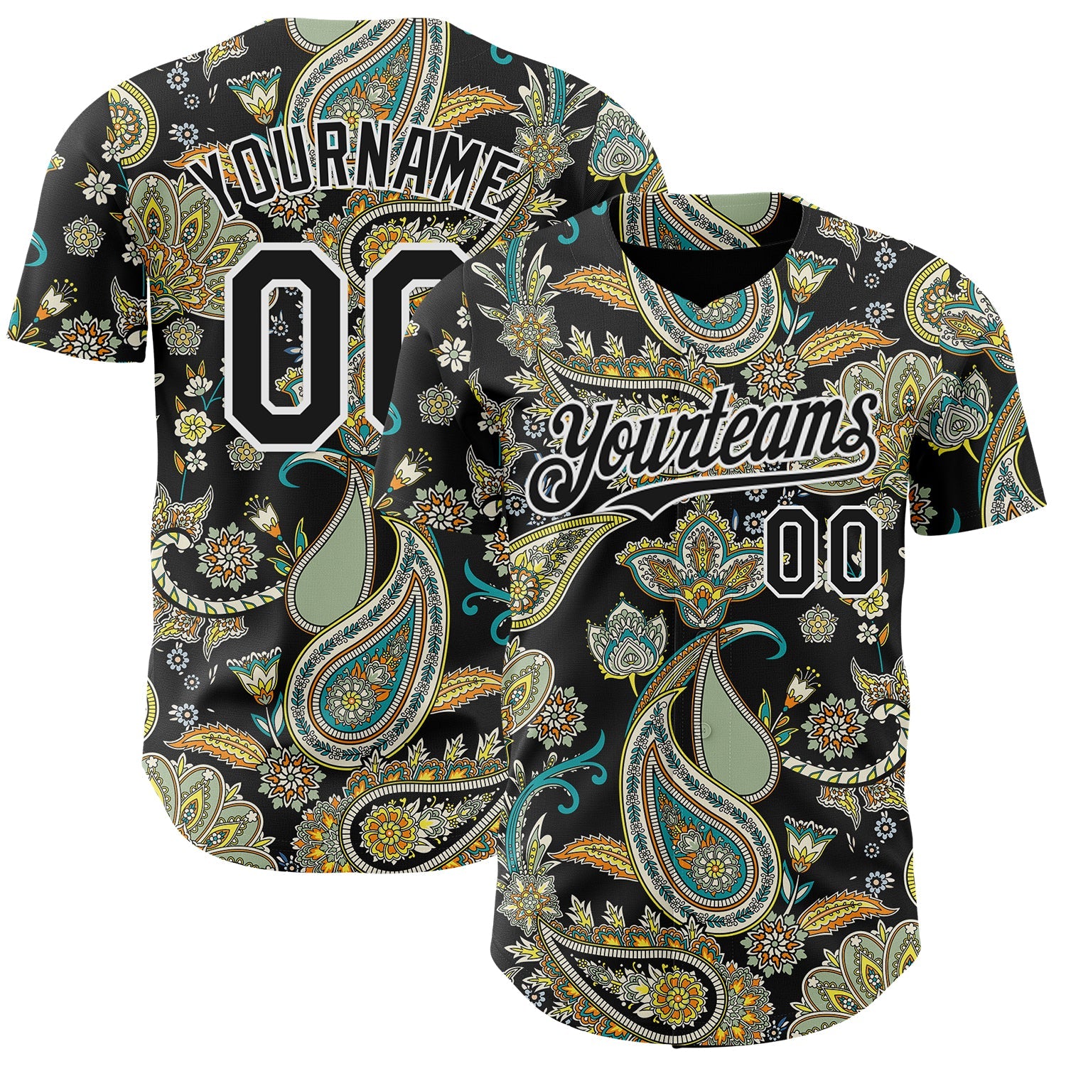 Custom Black White Rave Party Ethnic Paisley Bandana Authentic Baseball Jersey - Main View