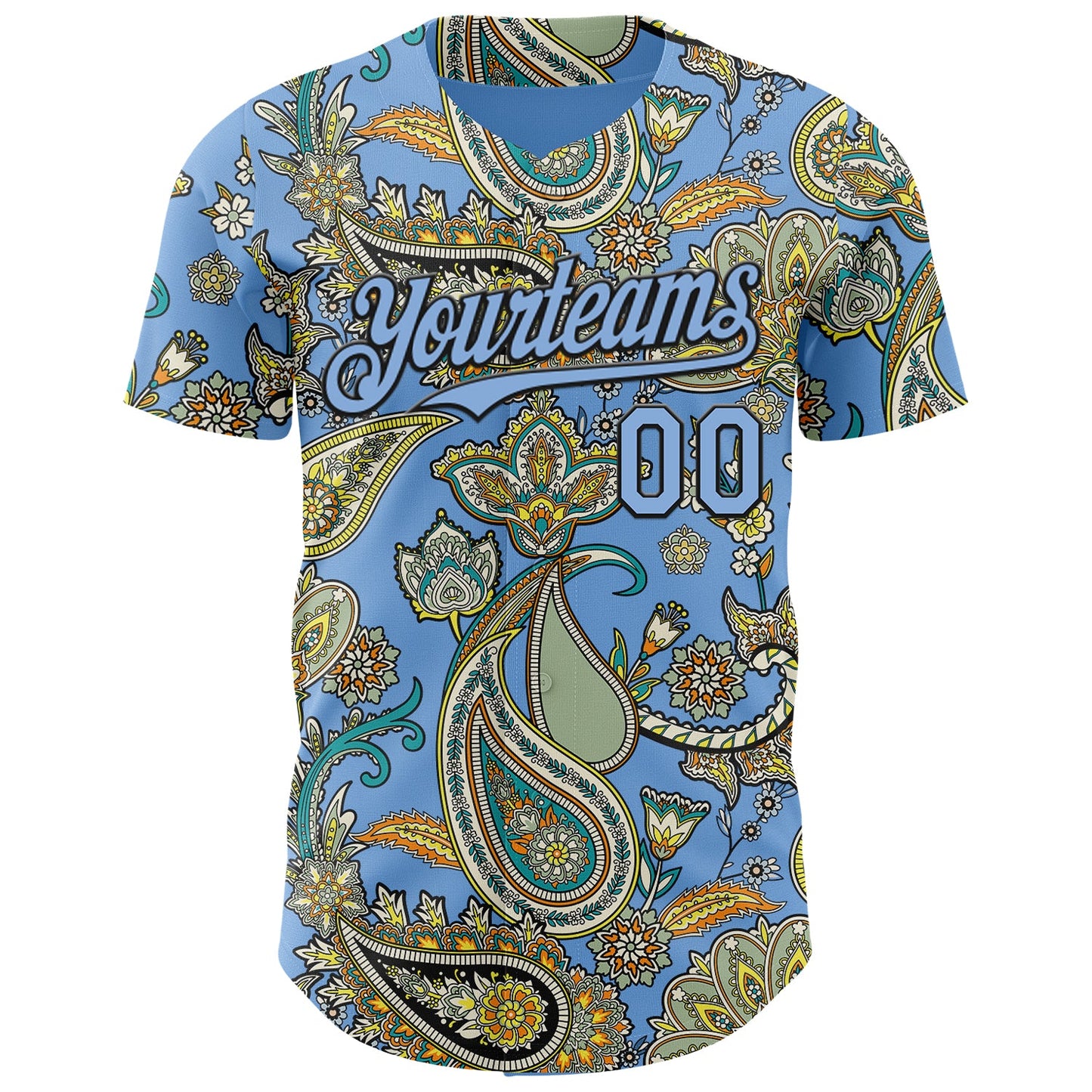 Custom Light Blue Black Rave Party Ethnic Paisley Bandana Authentic Baseball Jersey view 2